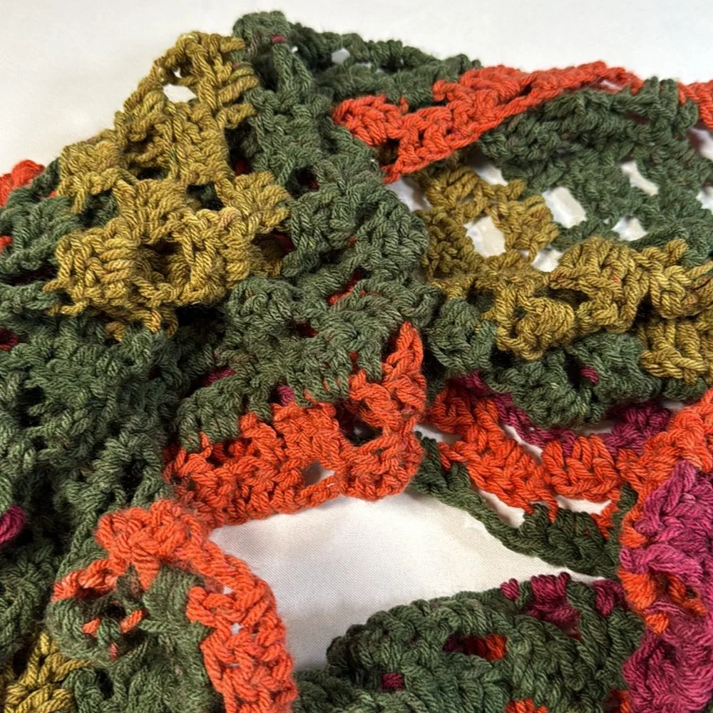 Vintage Handknit Scarf Green Orange Pink Cozy Boho‎ Cottagecore